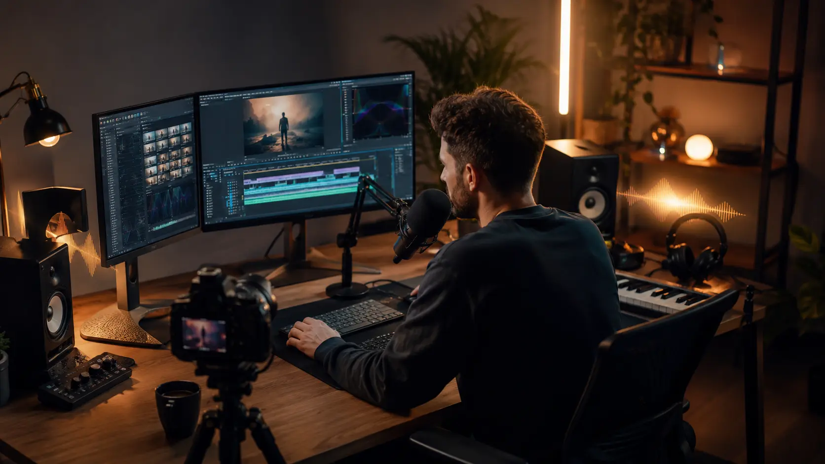 Creator editing audio and video in a home production studio