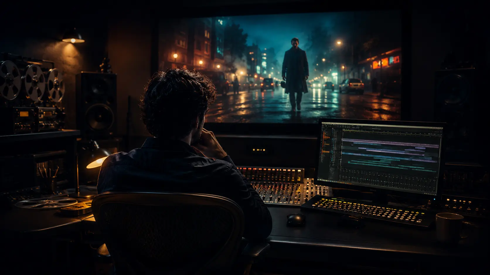 Editor reviewing recorded material in a post-production room