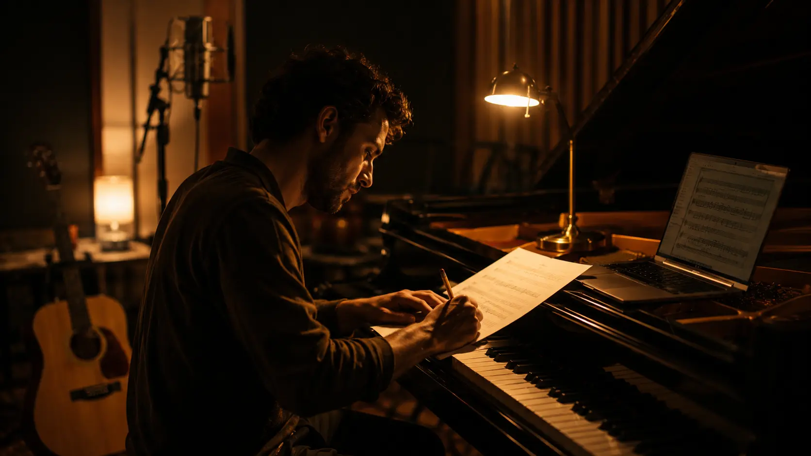 Musician preparing a practice track in a warm recording studio