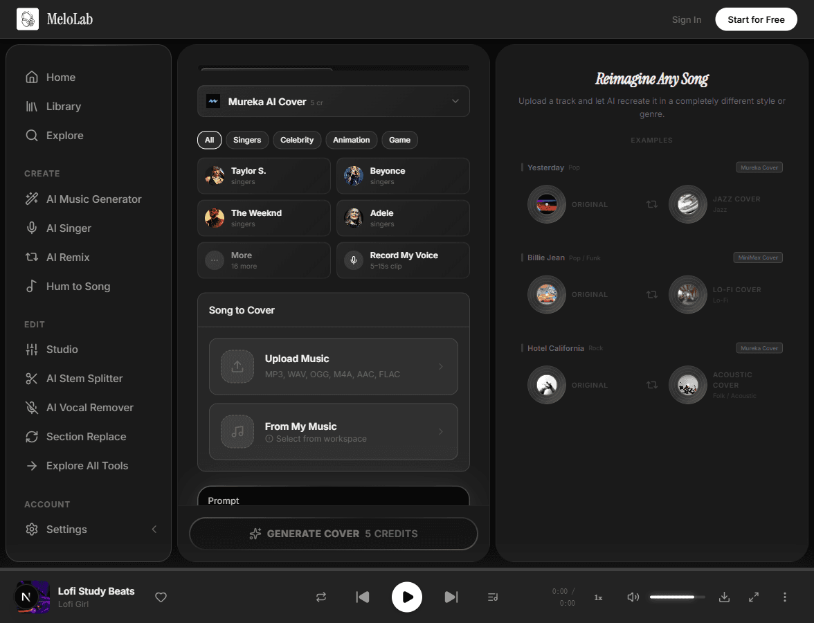 Choose cover style and genre for AI song cover in MeloLab AI Cover