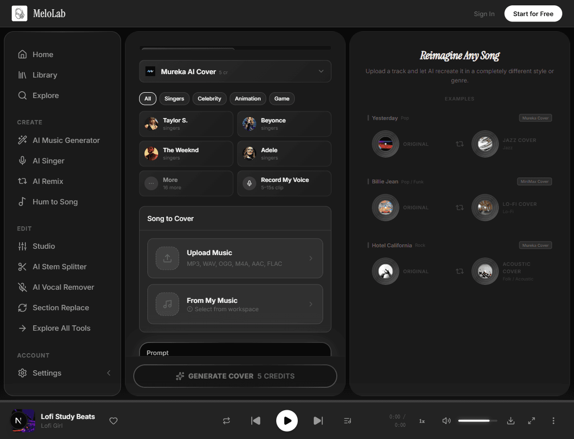 Configure voice style and lyrics for AI cover in MeloLab AI Cover