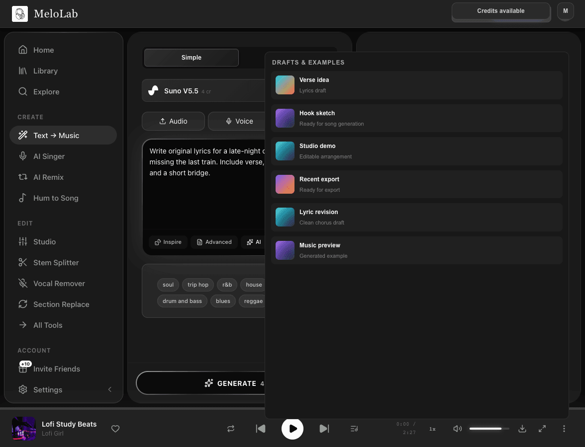 AI Lyrics Generator lyric brief screen in MeloLab