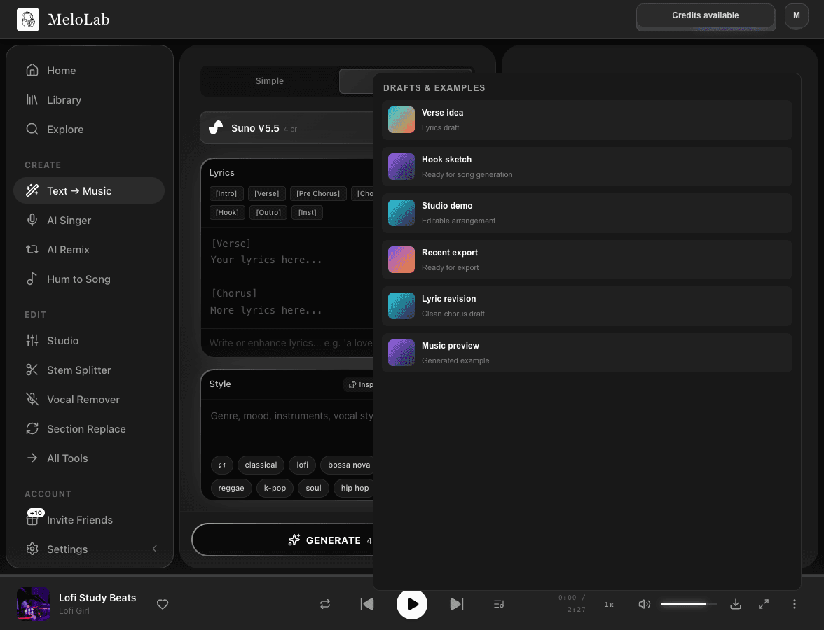 AI Lyrics Generator structure and tone controls in MeloLab