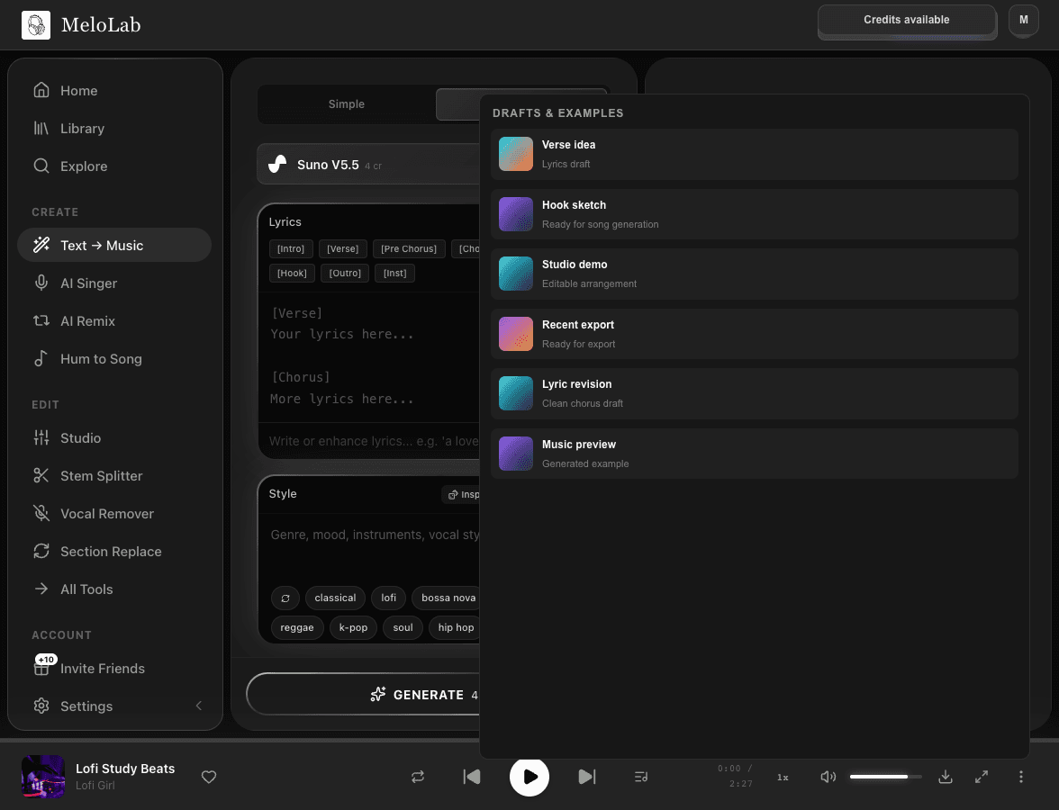 Review AI lyrics and hand off to song generation in MeloLab