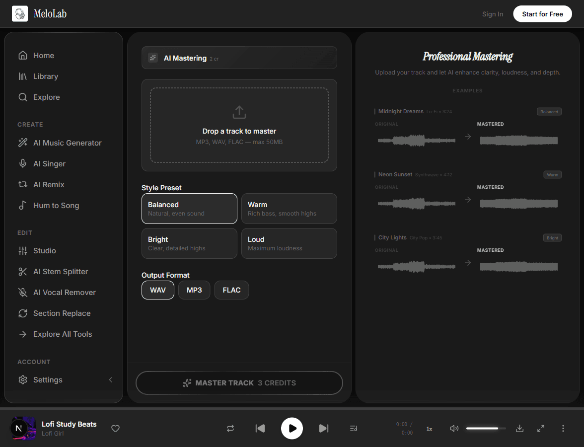 Upload audio mix for AI mastering in MeloLab AI Mastering tool