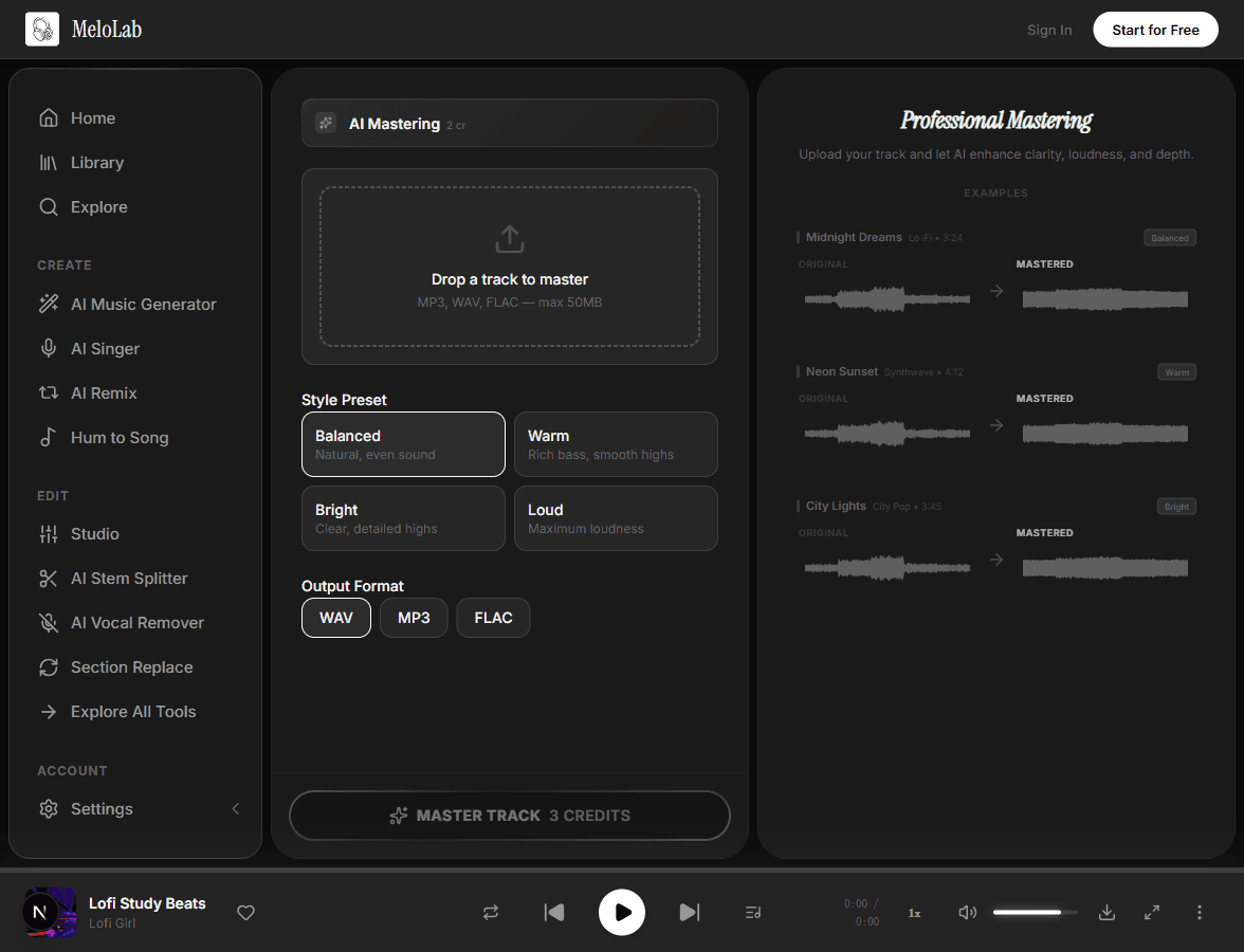 AI analyzing and optimizing audio for mastering in MeloLab AI Mastering