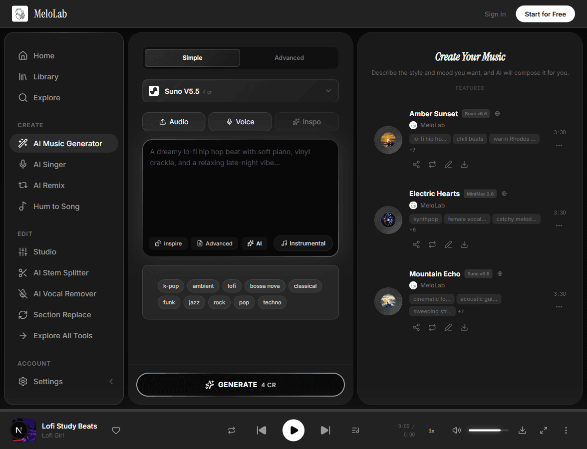 A music creation workspace showing generated tracks