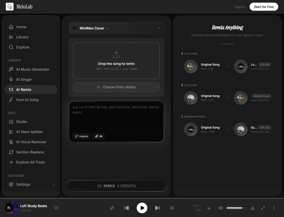 Upload a track to remix with AI in MeloLab AI Remix tool