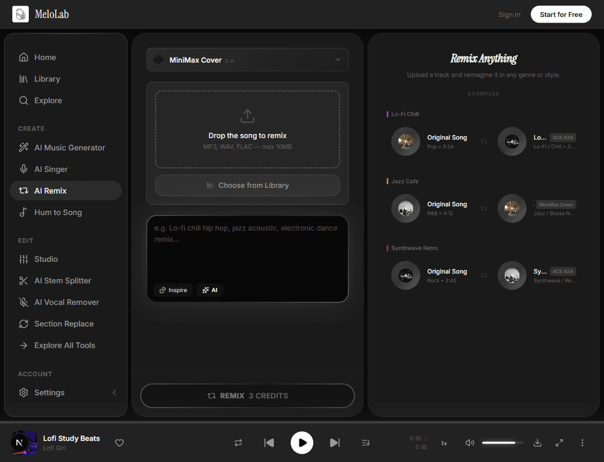 Configure mashup and stem settings for AI remix in MeloLab AI Remix