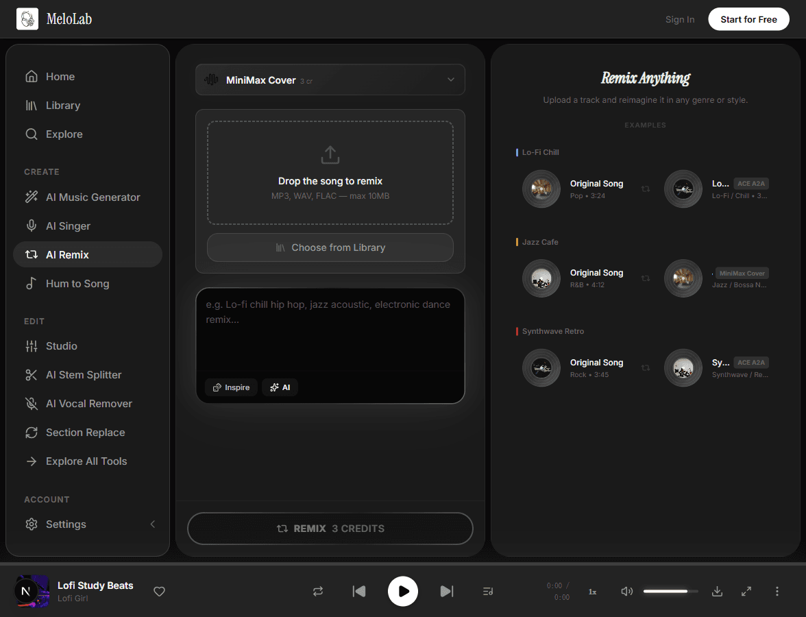 Generate AI remix from original track in MeloLab AI Remix