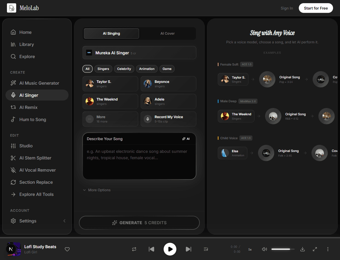 Enter lyrics for AI vocal generation in MeloLab AI Singer tool