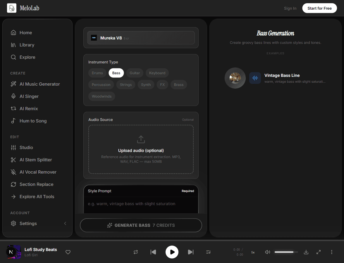 Upload reference audio for AI bass line generation in MeloLab Bass Generator