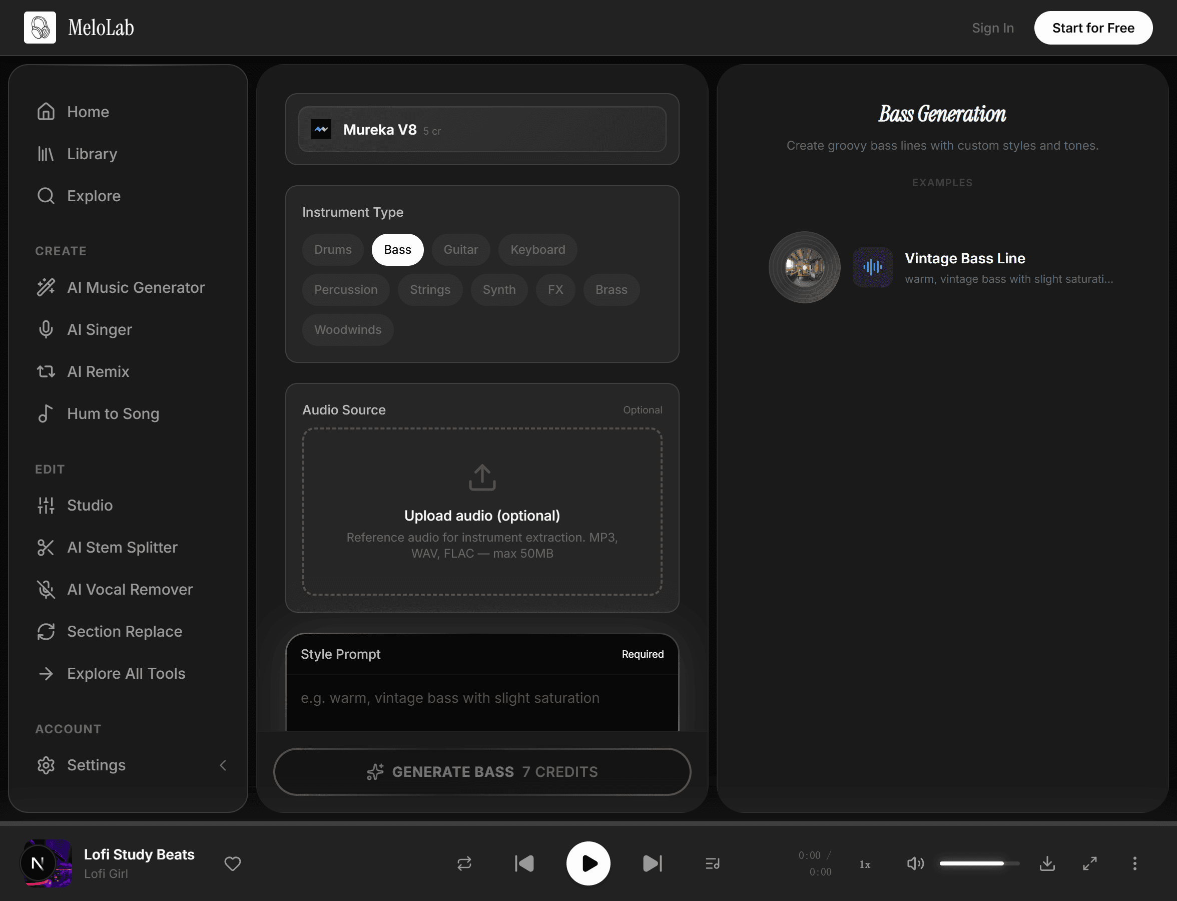 Choose bass style and tone in MeloLab Bass Generator