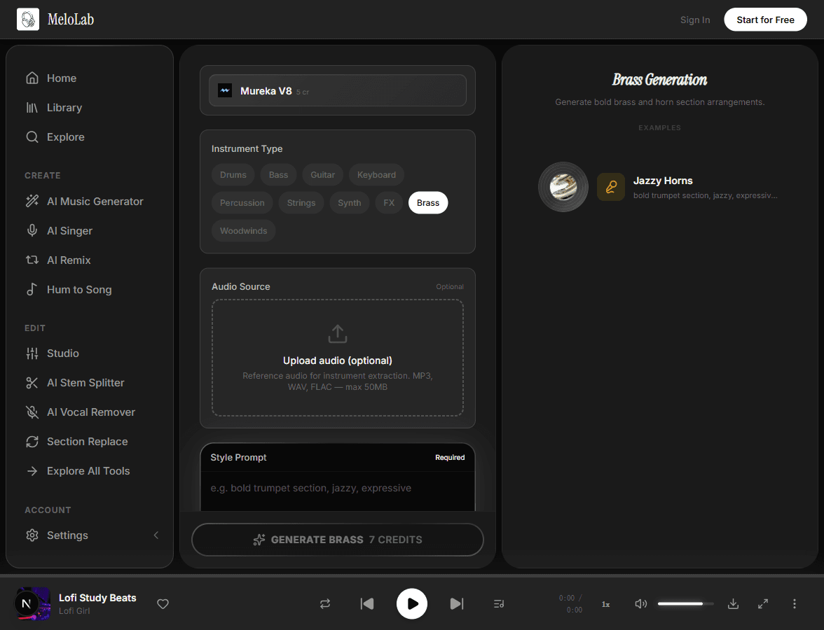 Upload reference audio for AI brass track generation in MeloLab Brass Generator