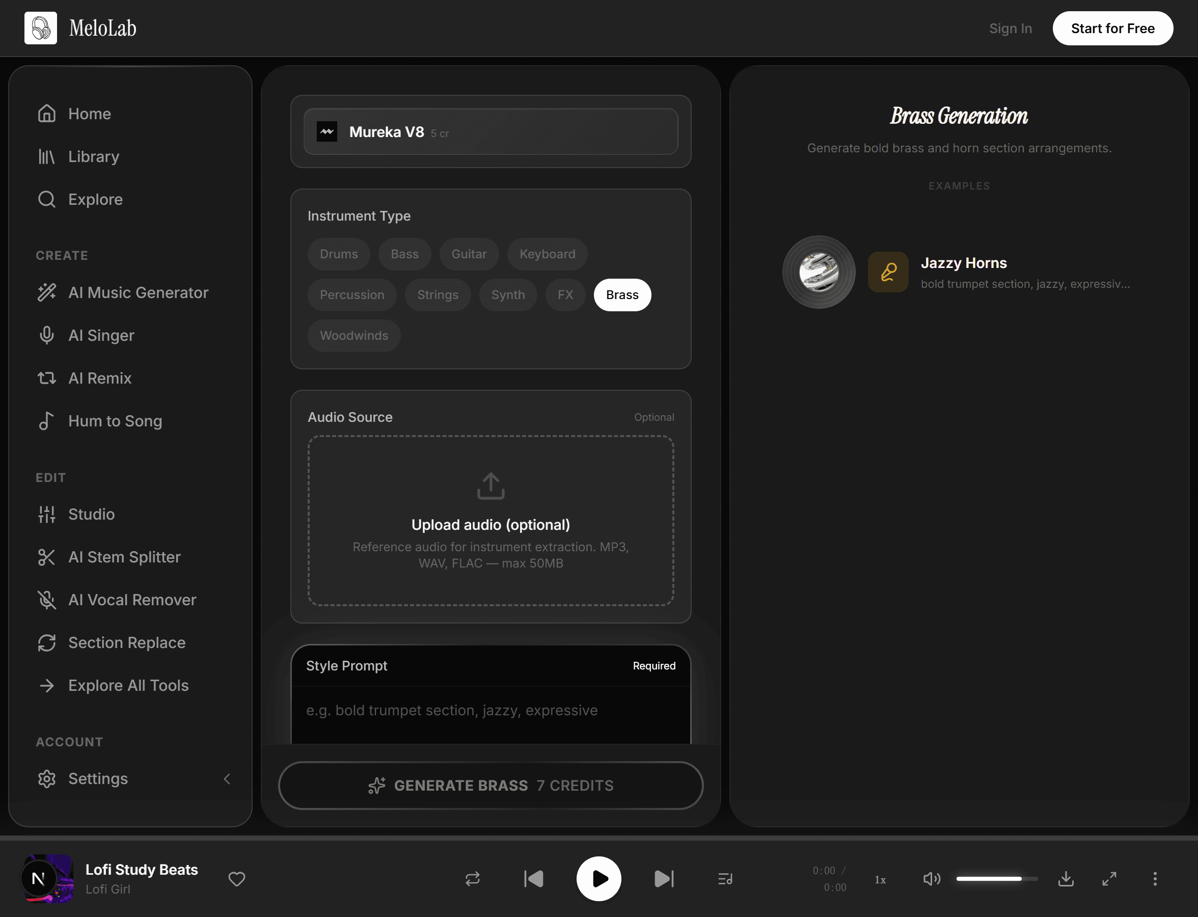 Choose brass style and arrangement in MeloLab Brass Generator