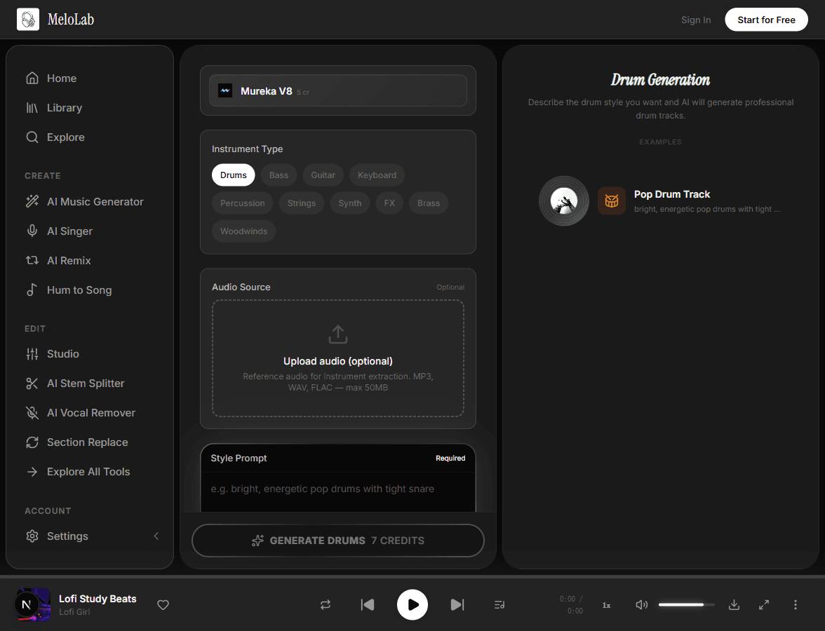 Upload reference audio for AI drum track generation in MeloLab Drum Generator
