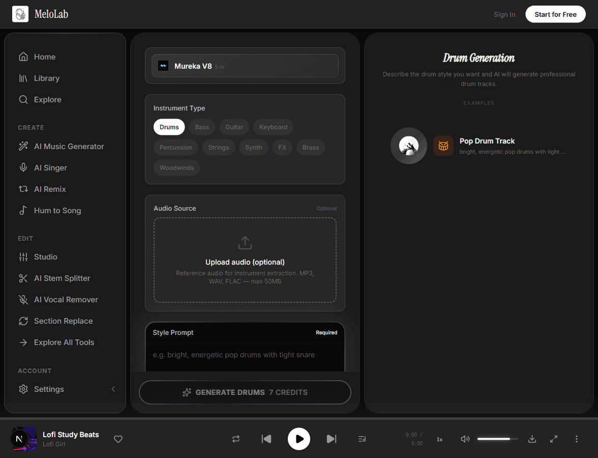 Choose drum style and genre in MeloLab Drum Generator