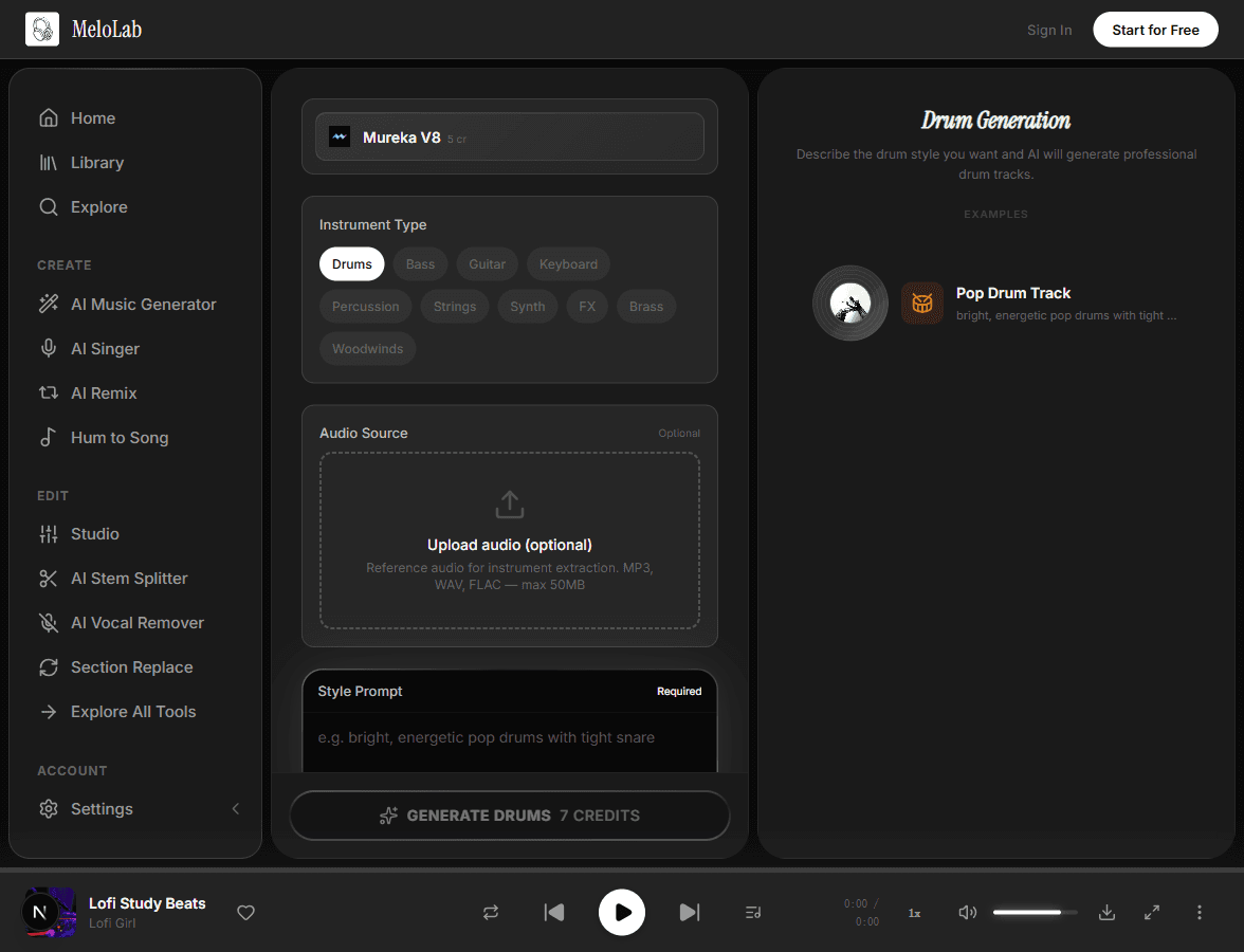 Generate isolated drum track in MeloLab Drum Generator