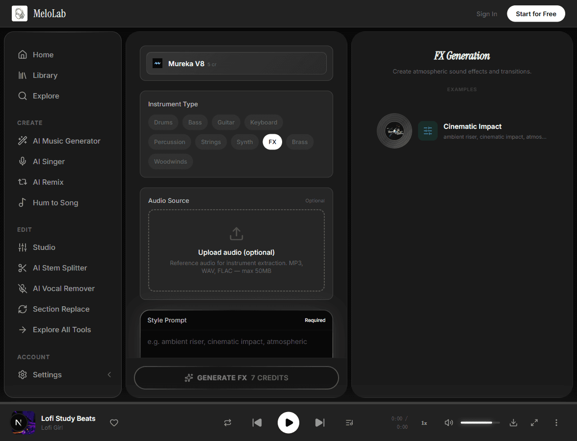 Upload reference for AI sound effect generation in MeloLab FX Generator