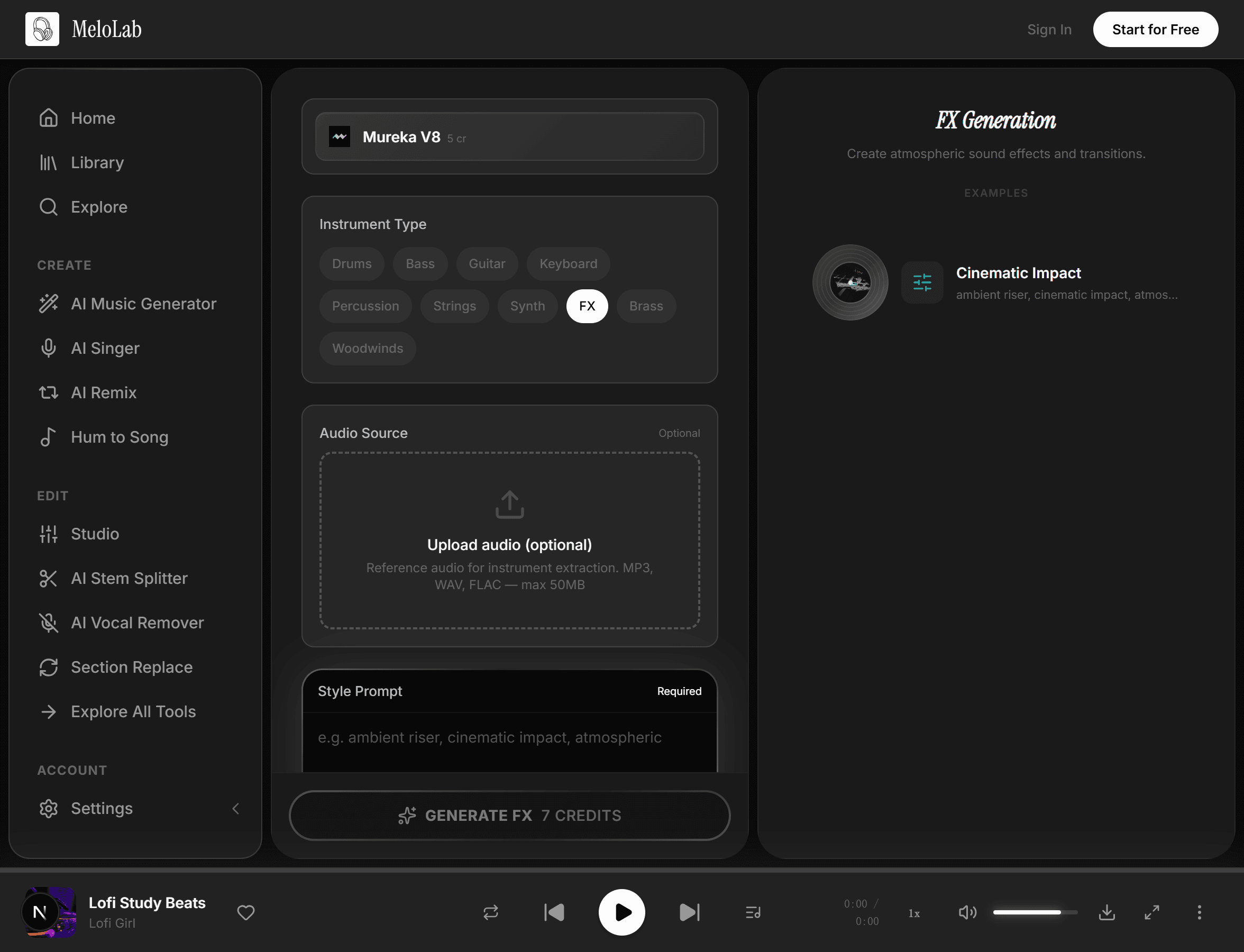 Choose sound FX style and character in MeloLab FX Generator