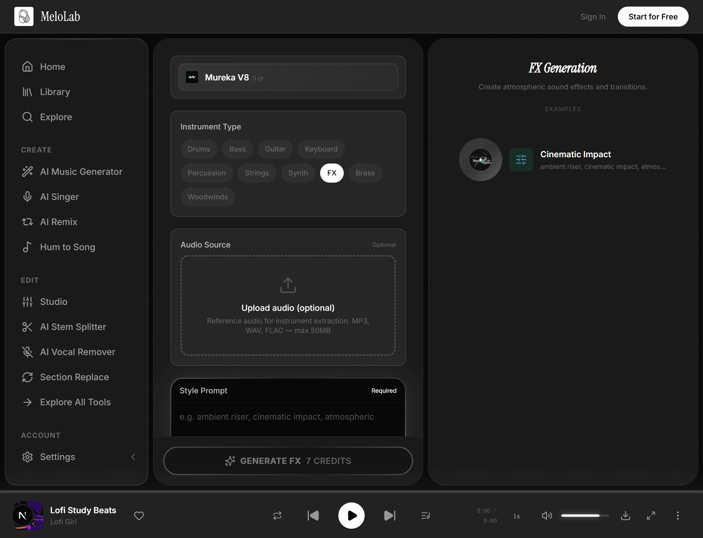 Generate sound effect track in MeloLab FX Generator