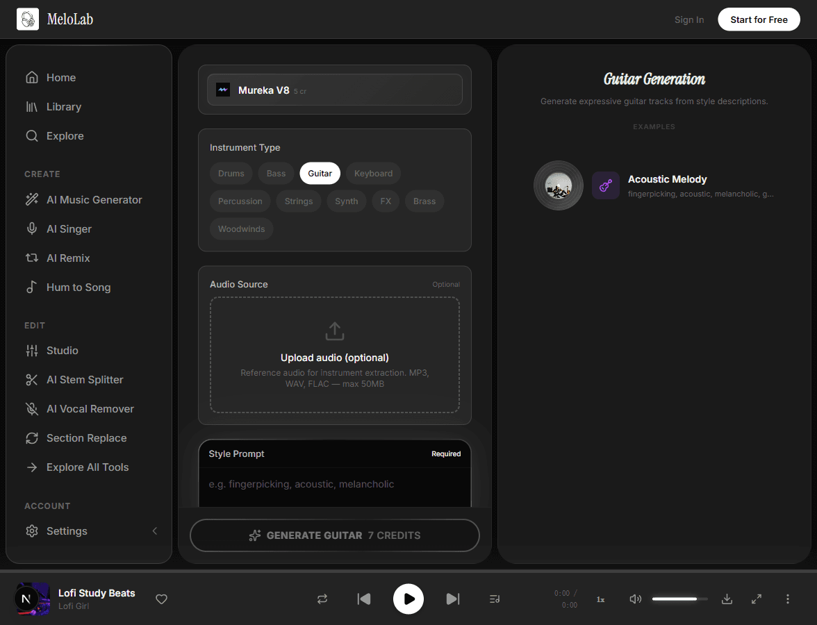 Upload reference audio for AI guitar track generation in MeloLab Guitar Generator