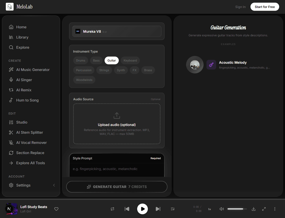 Choose guitar style and tone in MeloLab Guitar Generator