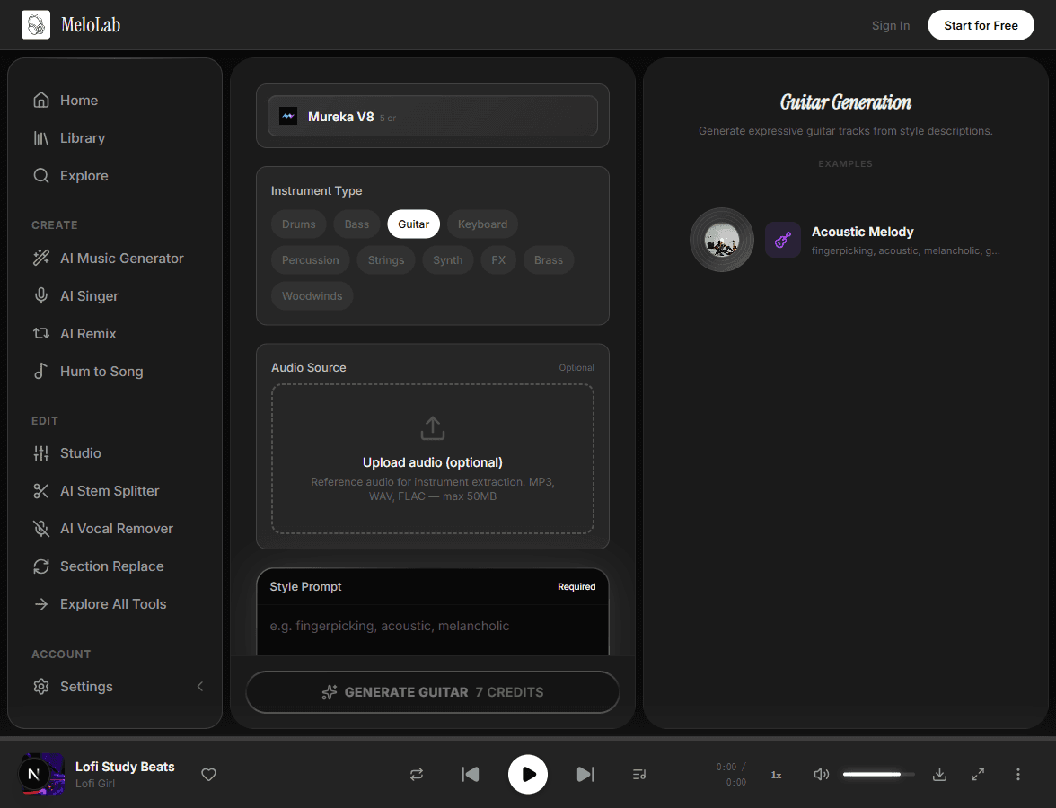 Generate isolated guitar track in MeloLab Guitar Generator