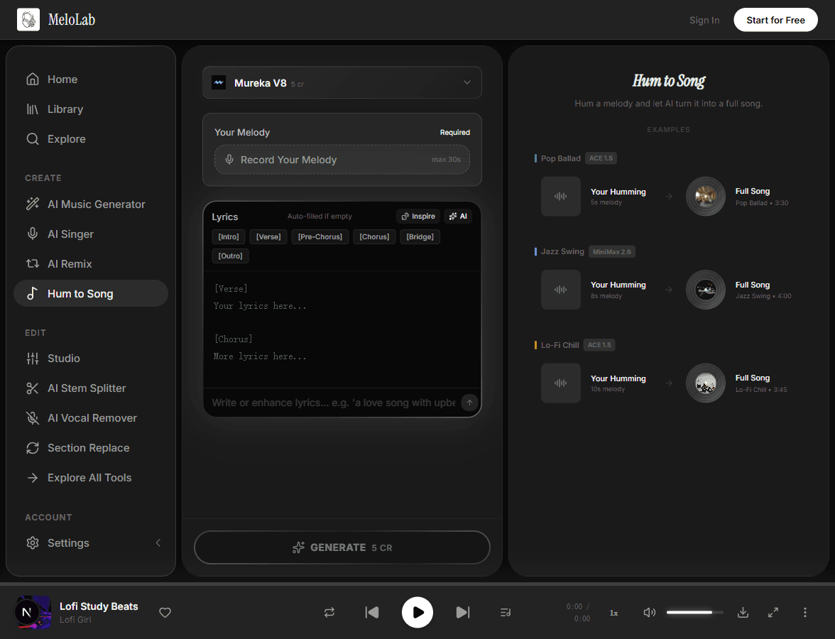 Review and confirm recorded melody in MeloLab Hum to Song