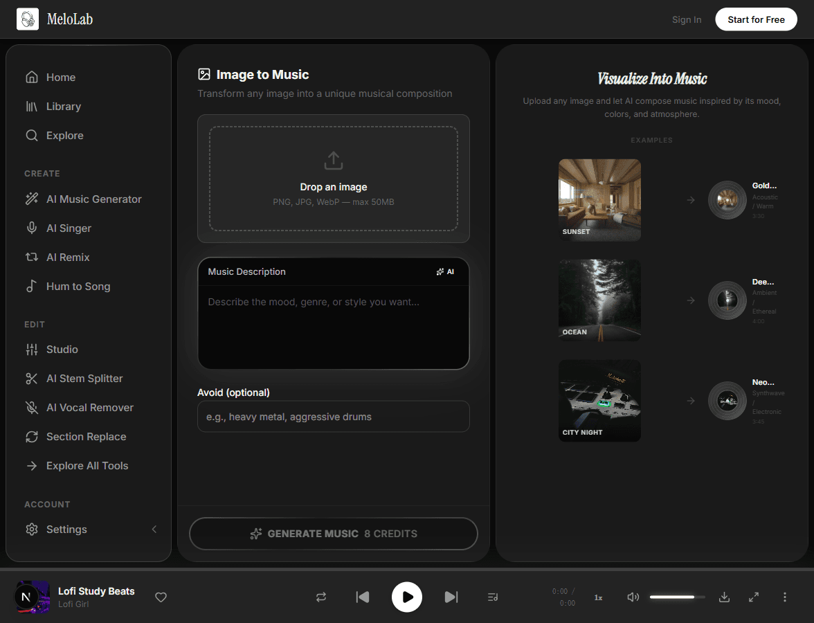 Upload an image to generate music from visuals in MeloLab Image to Music tool