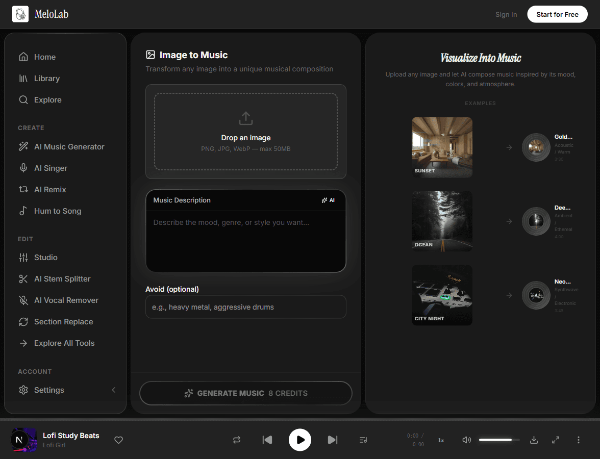 AI analyzes uploaded image visual elements in MeloLab Image to Music
