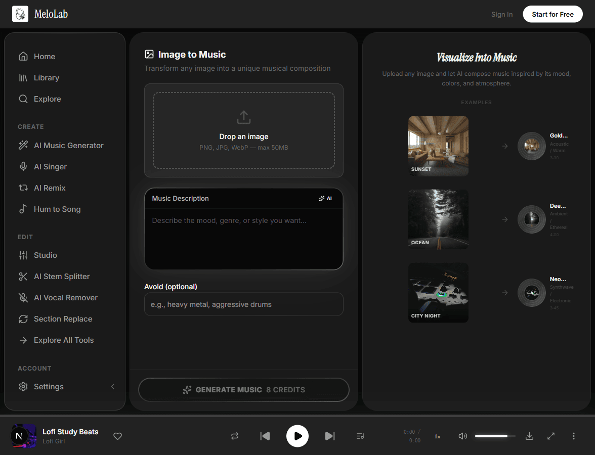 Describe music mood to match the image in MeloLab Image to Music
