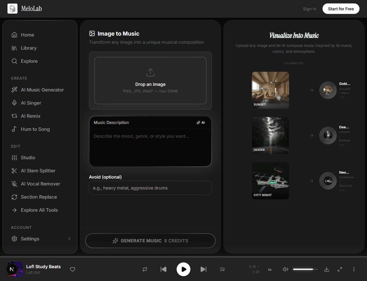 Generate soundtrack from image in MeloLab Image to Music