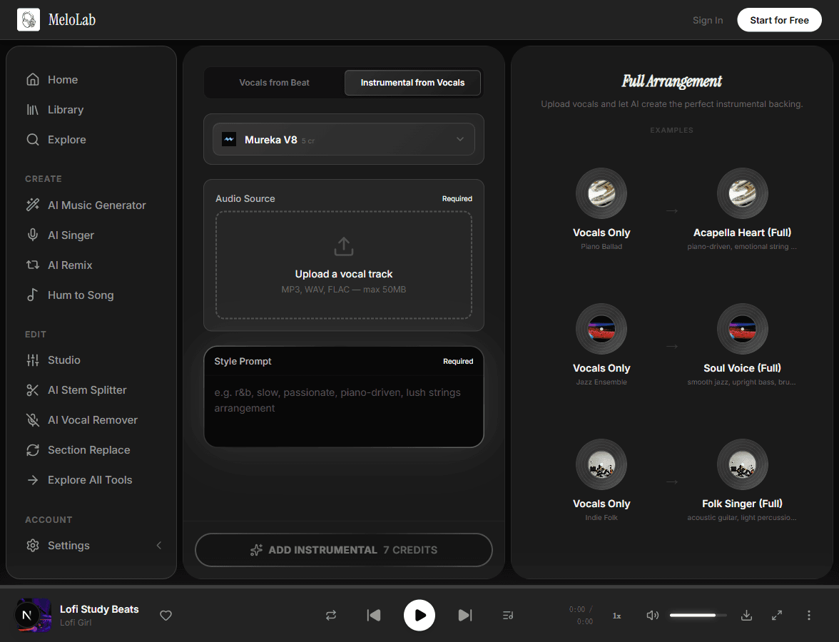 Upload vocal recording for instrumental generation in MeloLab Instrumental from Vocals tool