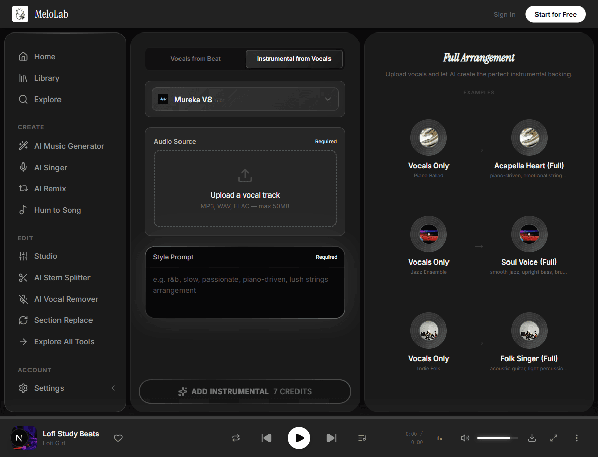 Generate instrumental accompaniment for vocals in MeloLab Instrumental from Vocals