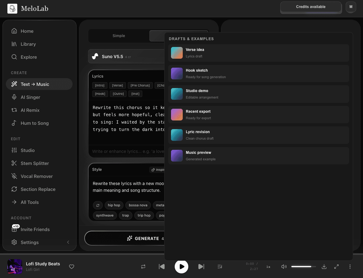 Describe lyric rewrite instructions in MeloLab