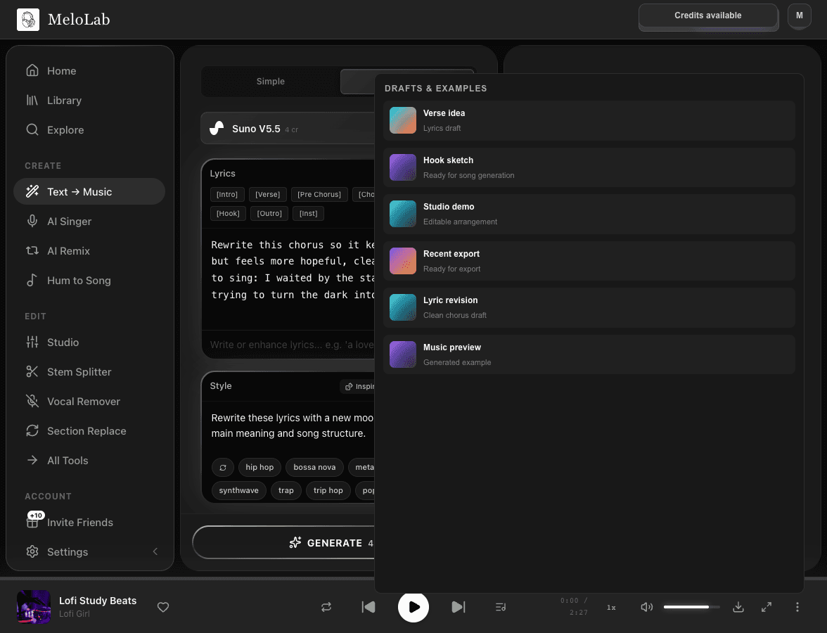 Turn rewritten lyrics into a song in MeloLab