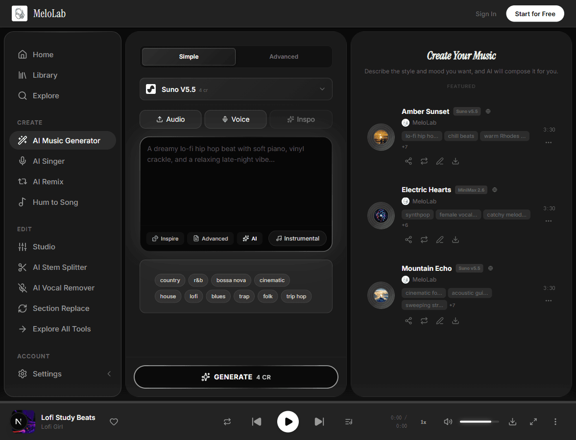 Write or paste song lyrics with verse and chorus sections in MeloLab Lyrics to Song tool