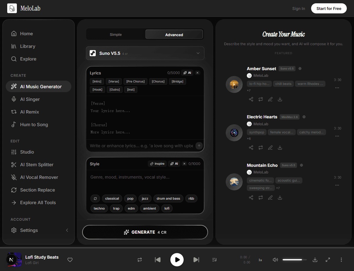 Set genre and vocal style for lyrics in MeloLab Lyrics to Song