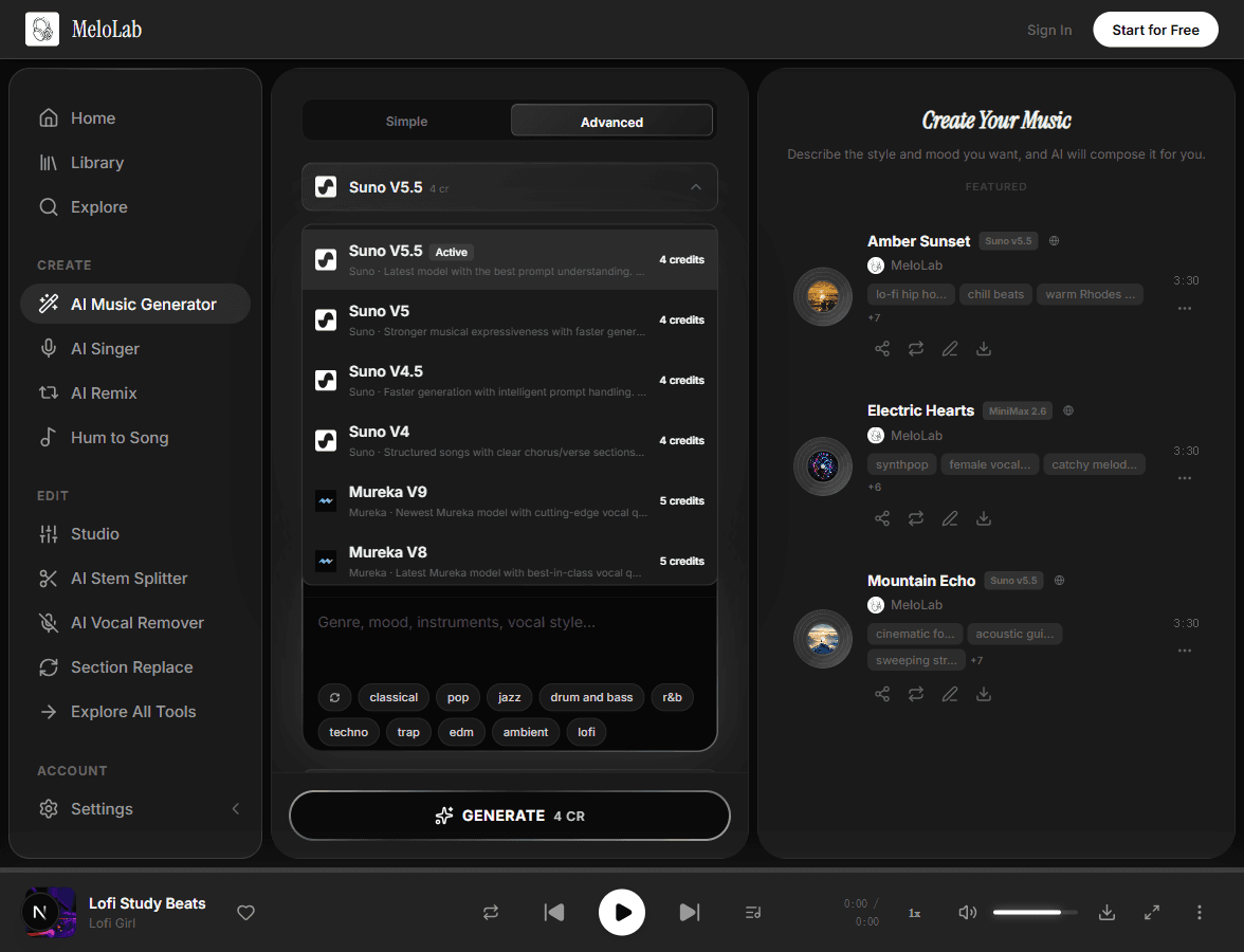 Fine-tune advanced controls and choose AI model in MeloLab Lyrics to Song