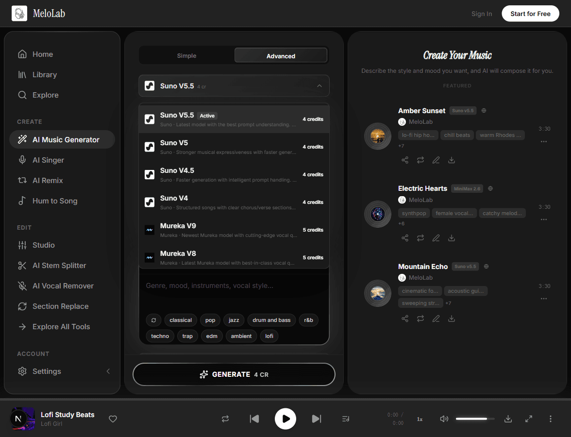 Generate a complete song from lyrics in MeloLab Lyrics to Song