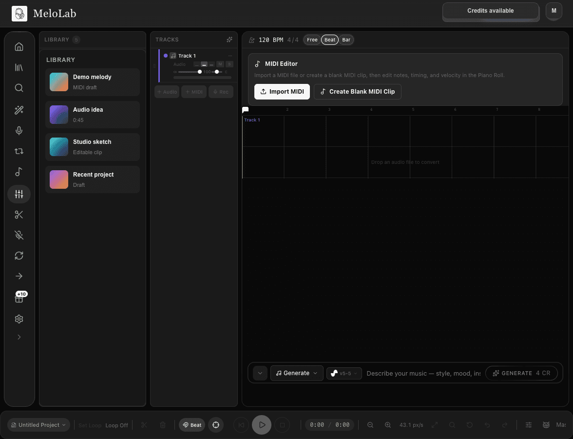 Open MeloLab Studio MIDI editor online