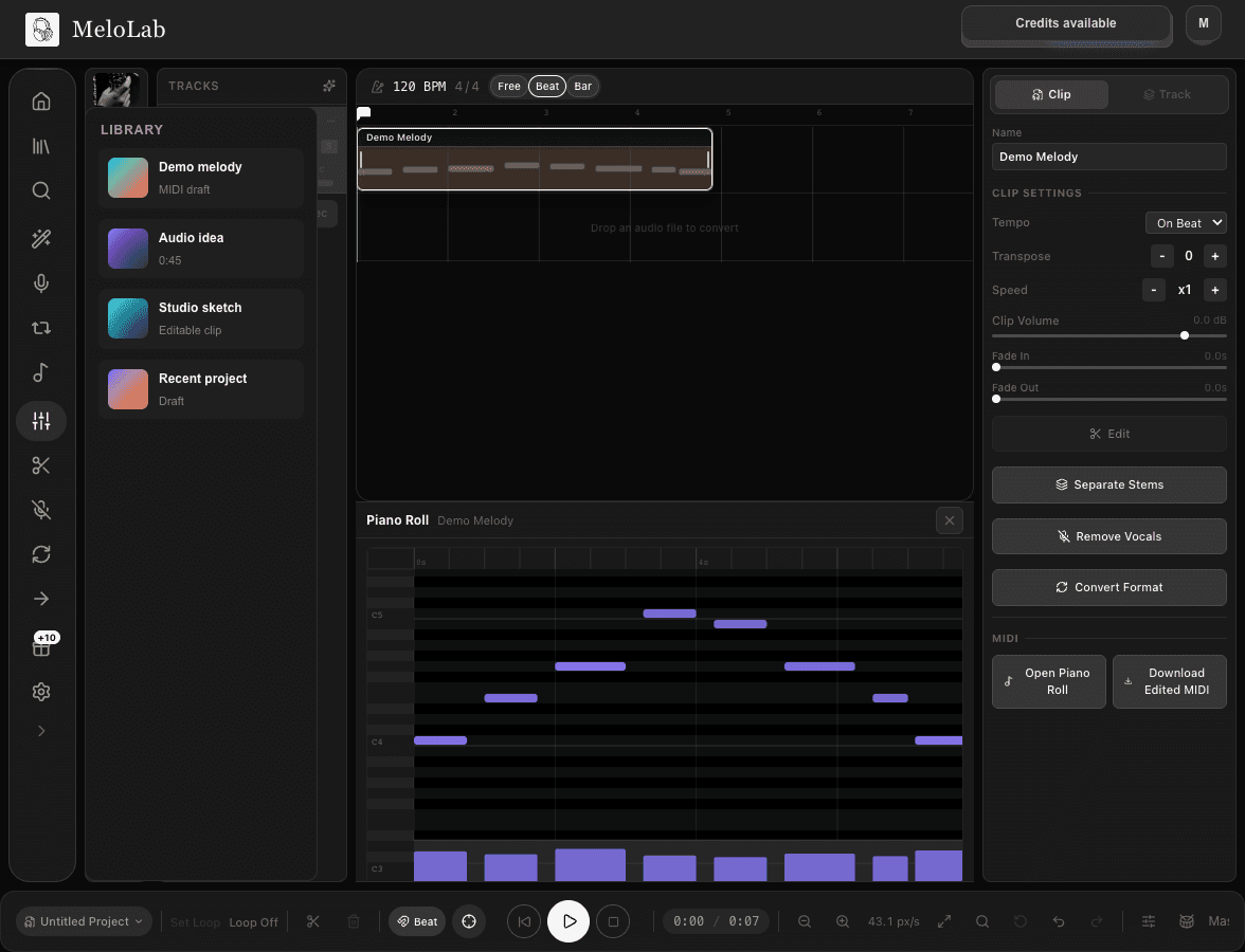 Edit MIDI notes and velocity in MeloLab Studio