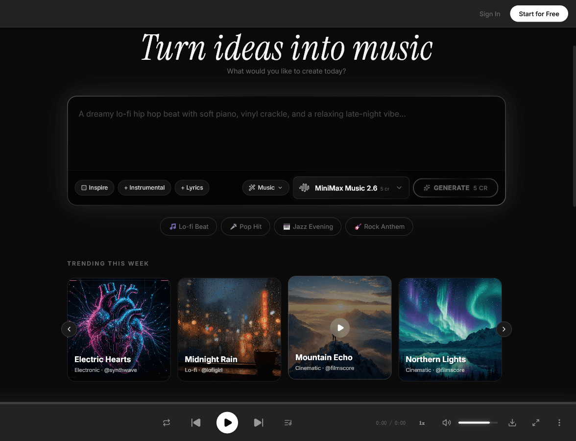 MeloLab interface with MiniMax Music 2.6 selected