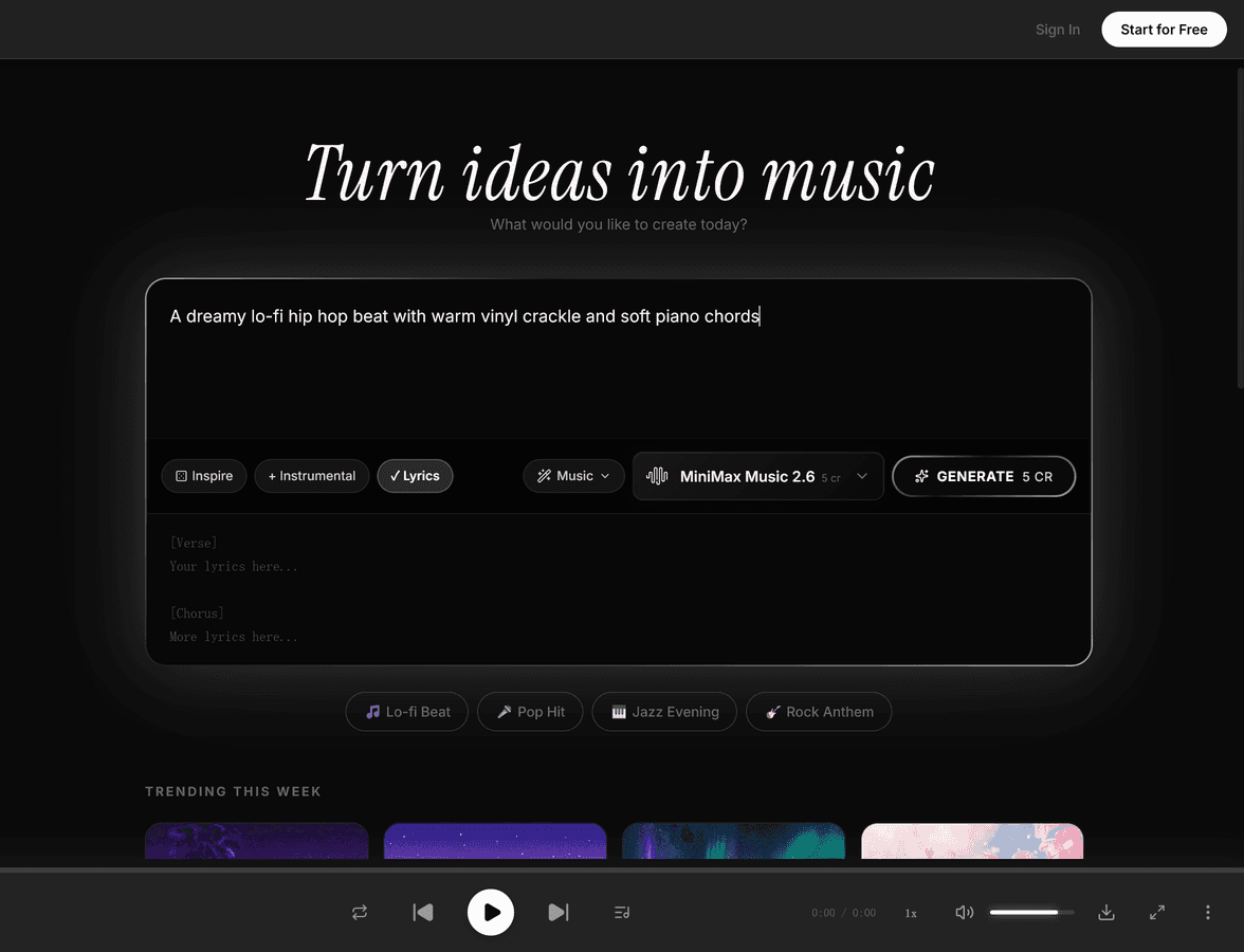 MiniMax Music 2.6 song description prompt in MeloLab