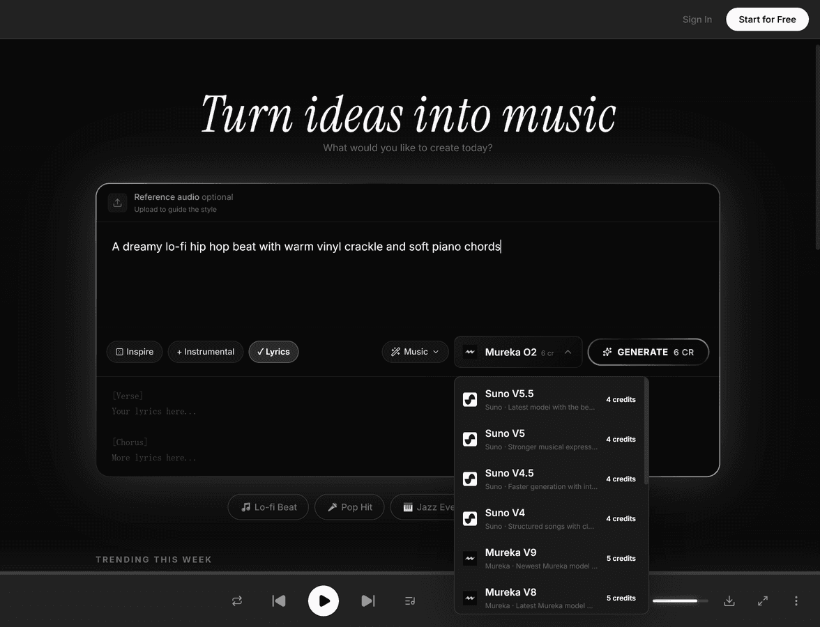 Mureka O2 model selector dropdown in MeloLab