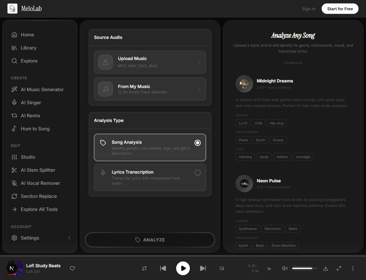 Upload audio file for musical analysis in MeloLab Music Analysis tool