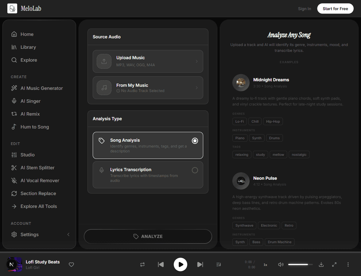 AI analyzing audio structure and key in MeloLab Music Analysis