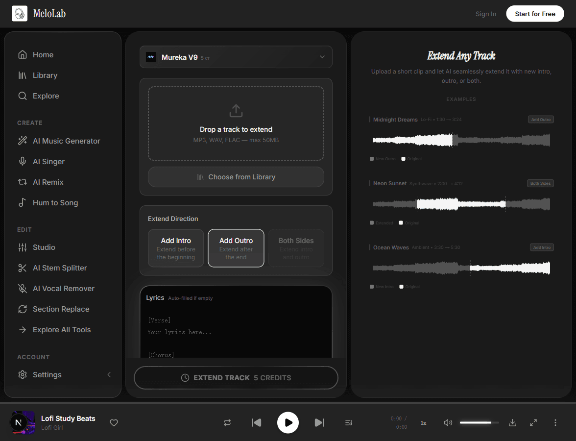 Generate extended version of song in MeloLab Music Extender