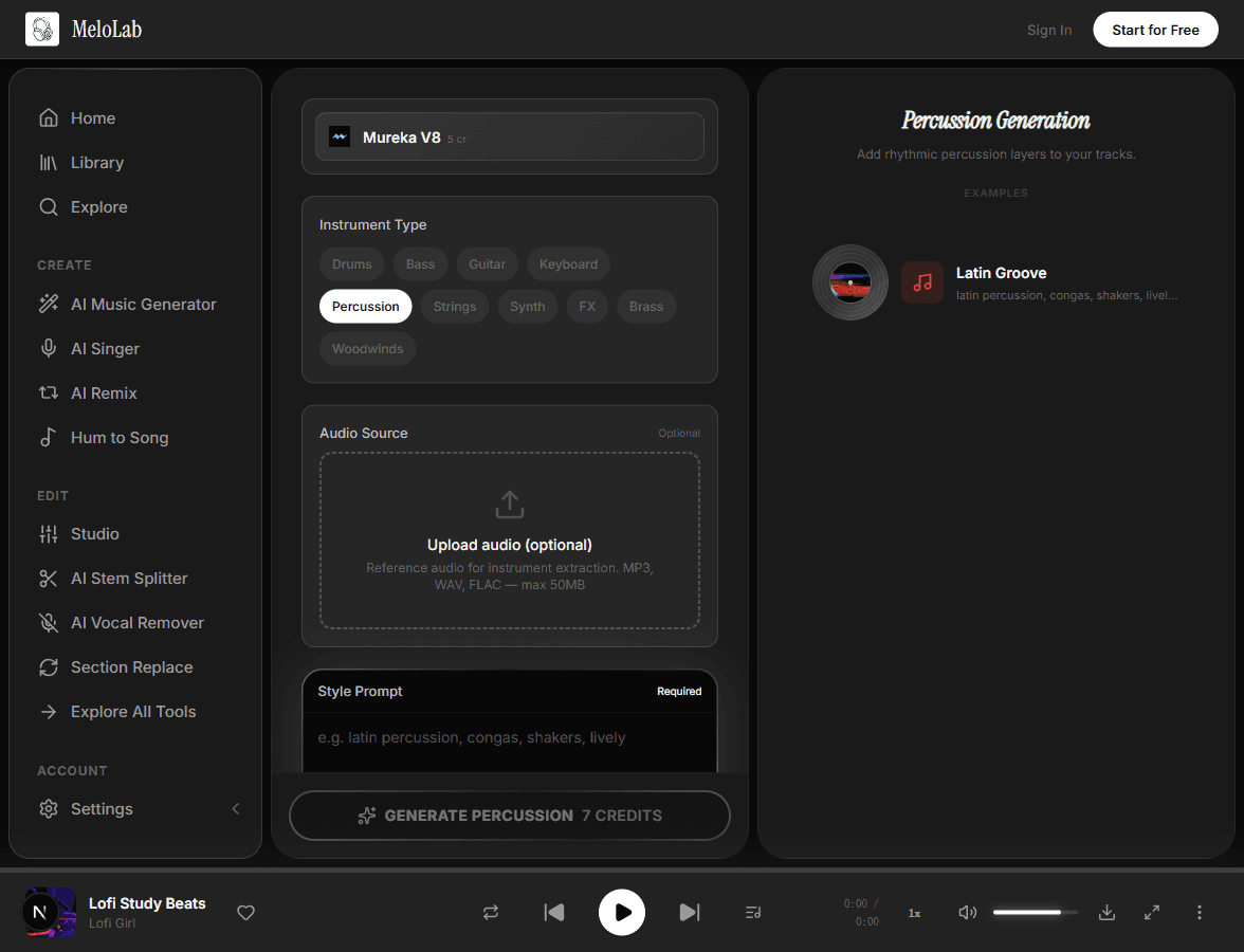 Upload reference audio for AI percussion generation in MeloLab Percussion Generator